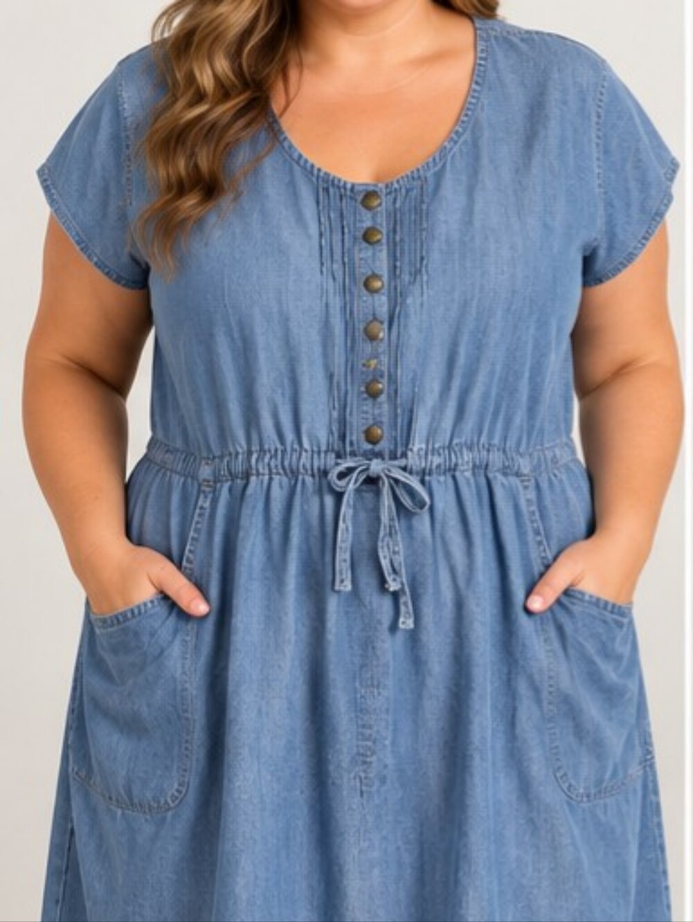 Ellos Chambray Denim Dress 100% Cotton Drawstring Pockets Plus Size